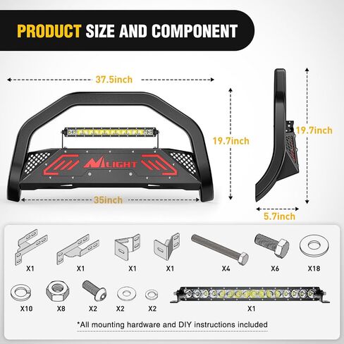 Nilight Bull Bar with Light fits Chevy Colorado (Excl. ZR2) 2015-2022 & GMC Canyon 2015-2022 Front Bumper Grille Brush Push Guard with Skid Plate Licence Plate Hole Black in Kuwait