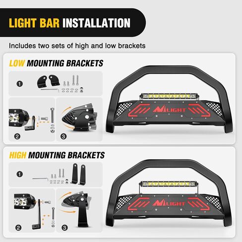 Nilight Bull Bar with Light fits Chevy Colorado (Excl. ZR2) 2015-2022 & GMC Canyon 2015-2022 Front Bumper Grille Brush Push Guard with Skid Plate Licence Plate Hole Black in Kuwait