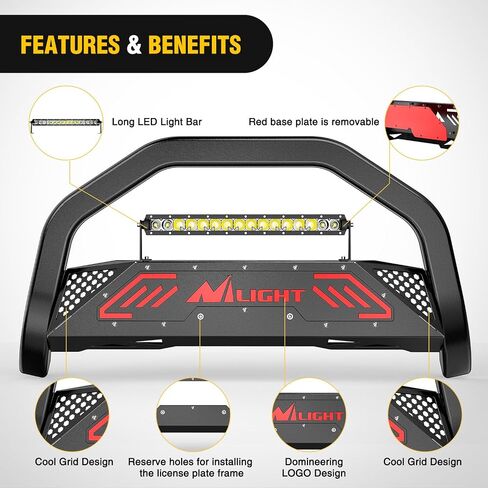 Nilight Bull Bar with Light fits Chevy Colorado (Excl. ZR2) 2015-2022 & GMC Canyon 2015-2022 Front Bumper Grille Brush Push Guard with Skid Plate Licence Plate Hole Black in Kuwait
