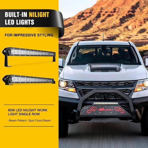 Nilight Bull Bar with Light fits Chevy Colorado (Excl. ZR2) 2015-2022 & GMC Canyon 2015-2022 Front Bumper Grille Brush Push Guard with Skid Plate Licence Plate Hole Black in Kuwait