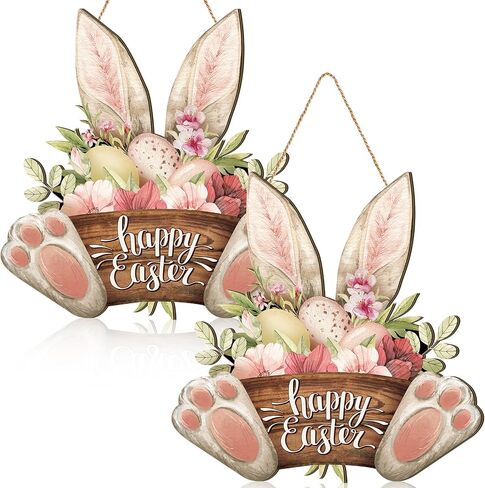 Barydat 1 Pcs Easter Wreaths for Front Door Bunny Welcome Wood Sign Door Hanger Spring Decorations Easter Hanging Plaque Rabbit Sign Decorations for Home Shop Garden (11.81 Inch) in Saudi Arabia