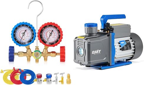 Orion Motor Tech AC Gauge Set with Self Sealing and Puncturing R134A Can Tap & 2 Stage A2L Vacuum Pump, Bundle in Kuwait