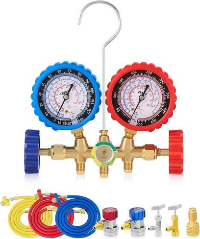 Orion Motor Tech AC Gauge Set with Self Sealing and Puncturing R134A Can Tap & 2 Stage A2L Vacuum Pump, Bundle in Kuwait