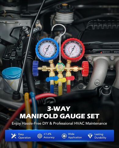 Orion Motor Tech AC Gauge Set with Self Sealing and Puncturing R134A Can Tap & 2 Stage A2L Vacuum Pump, Bundle in Kuwait