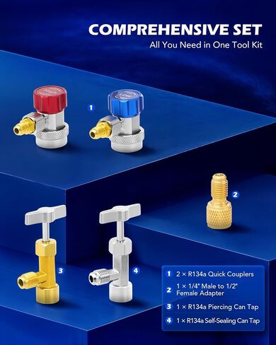 Orion Motor Tech AC Gauge Set with Self Sealing and Puncturing R134A Can Tap & 2 Stage A2L Vacuum Pump, Bundle in Kuwait