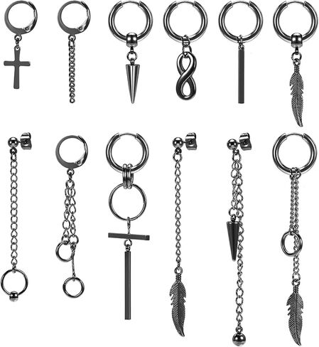 12 قطعة أقراط متقاطعة متدلية للرجال طقم أقراط من الفولاذ الجراحي سلسلة متدلية أقراط هيبوالرجينيك الأطواق in Kuwait