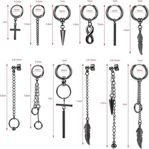 12 قطعة أقراط متقاطعة متدلية للرجال طقم أقراط من الفولاذ الجراحي سلسلة متدلية أقراط هيبوالرجينيك الأطواق in Kuwait