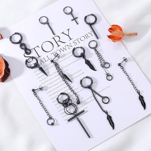 12 قطعة أقراط متقاطعة متدلية للرجال طقم أقراط من الفولاذ الجراحي سلسلة متدلية أقراط هيبوالرجينيك الأطواق in Kuwait