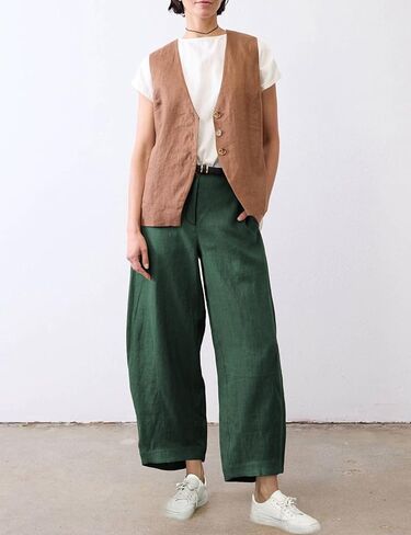 Xiaoxuemeng Linen Pants Women Wide Leg Capri Beach Pants Elastic Waisted Baggy Linen Trousers in Saudi Arabia
