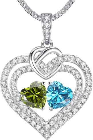 LOUISA SECRET Sparkling Double Heart Birthstone Necklaces for Women, 925 Sterling Silver Fine Jewelry, Pendant Heart Necklaces Birthday Anniversary Christmas Gift for Women Wife Mom Girlfriend Lady in Kuwait