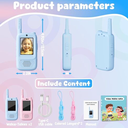 أجهزة اتصال فيديو لاسلكية للأطفال، قطعتان من أجهزة اتصال فيديو لاسلكية قابلة لإعادة الشحن، ألعاب داخلية وخارجية، هدايا عيد الميلاد لعمر 3-12 عامًا من الفتيات والأولاد (أزرق ووردي) in Kuwait
