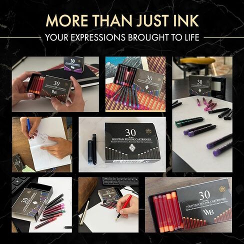 Wordsworth & Black 30 Pack Fountain Pen Ink Refills - Set of 30 Black Ink Cartridges - International Standard Long Size - Length APPR 2.3" - Base Diameter APPR 0.24" - Disposable and Generic in Kuwait