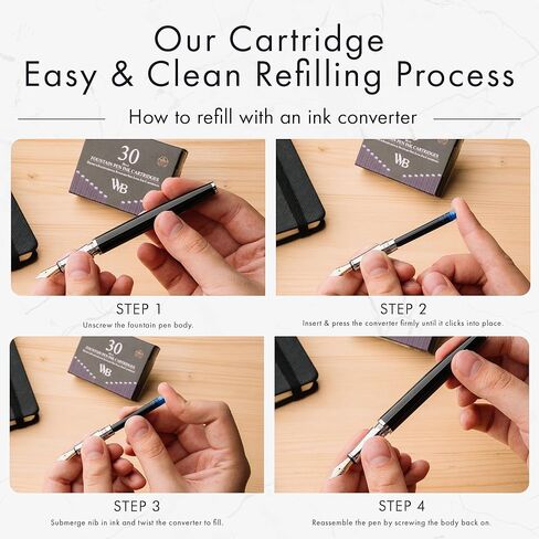 Wordsworth & Black 30 Pack Fountain Pen Ink Refills - Set of 30 Black Ink Cartridges - International Standard Long Size - Length APPR 2.3" - Base Diameter APPR 0.24" - Disposable and Generic in Kuwait