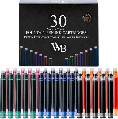 Wordsworth & Black 30 Pack Fountain Pen Ink Refills - Set of 30 Black Ink Cartridges - International Standard Long Size - Length APPR 2.3" - Base Diameter APPR 0.24" - Disposable and Generic in Kuwait