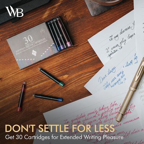 Wordsworth & Black 30 Pack Fountain Pen Ink Refills - Set of 30 Black Ink Cartridges - International Standard Long Size - Length APPR 2.3" - Base Diameter APPR 0.24" - Disposable and Generic in Kuwait