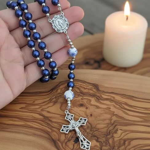 Nazareth Store Flowers Beads Rosary Necklace Crystallized Glass Pearl Beaded Rosary Miraculous Medal and Crucifix (Blue) in Saudi Arabia