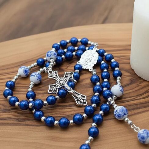 Nazareth Store Flowers Beads Rosary Necklace Crystallized Glass Pearl Beaded Rosary Miraculous Medal and Crucifix (Blue) in Saudi Arabia