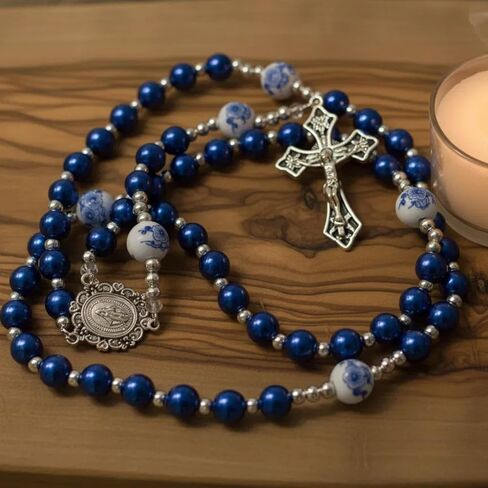 Nazareth Store Flowers Beads Rosary Necklace Crystallized Glass Pearl Beaded Rosary Miraculous Medal and Crucifix (Blue) in Saudi Arabia