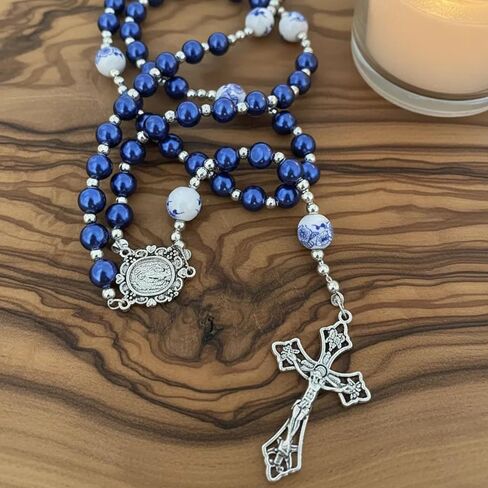 Nazareth Store Flowers Beads Rosary Necklace Crystallized Glass Pearl Beaded Rosary Miraculous Medal and Crucifix (Blue) in Saudi Arabia