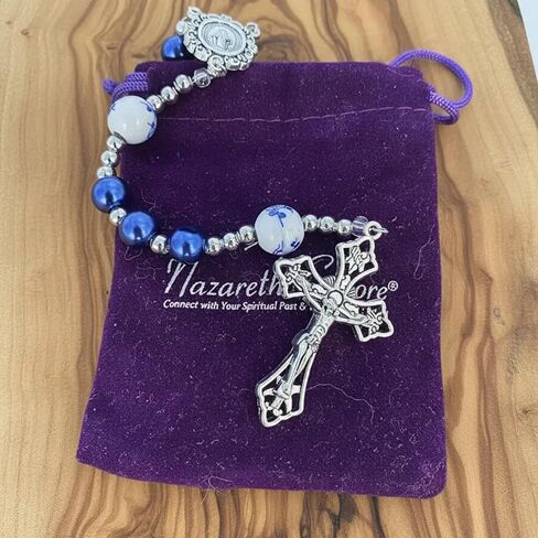 Nazareth Store Flowers Beads Rosary Necklace Crystallized Glass Pearl Beaded Rosary Miraculous Medal and Crucifix (Blue) in Saudi Arabia