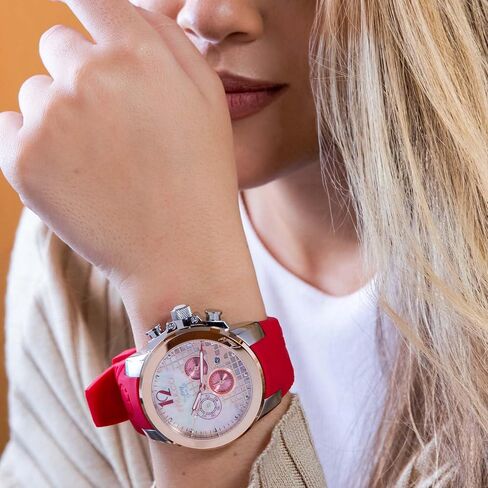 MULCO Watches for Women -Era 50, Silver Stainless Steel Case with Wrist Silicone Band, Quartz Multifunctional Movement, Large Face Analog Display - Crystals Stones, 100m Water Resistant in Saudi Arabia