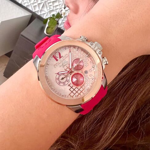 MULCO Watches for Women -Era 50, Silver Stainless Steel Case with Wrist Silicone Band, Quartz Multifunctional Movement, Large Face Analog Display - Crystals Stones, 100m Water Resistant in Saudi Arabia