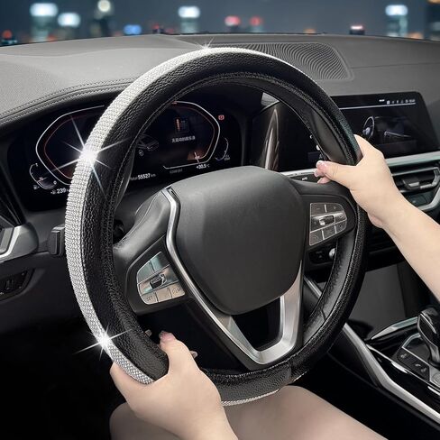 OURTIME New Diamond Leather Steering Wheel Cover with Bling Bling Crystal Rhinestones, Universal Fit 15 Inch, Non-Slip, Shiny, Comfortable Car Wheel Protector for Women (Gold with White Diamonds) in Saudi Arabia