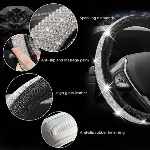 OURTIME New Diamond Leather Steering Wheel Cover with Bling Bling Crystal Rhinestones, Universal Fit 15 Inch, Non-Slip, Shiny, Comfortable Car Wheel Protector for Women (Gold with White Diamonds) in Saudi Arabia