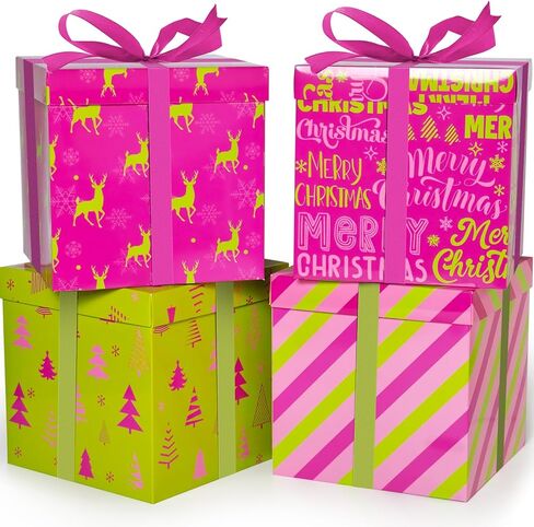 Cinrobiye 4 Pcs Christmas Gift Boxes with Lid,Ribbon and Tissue Papers,9" Black and White Christmas Winter Square Cardboard Box for Gift Wrapping Holiday Present Birthday Assorted Design (Black White) in Saudi Arabia
