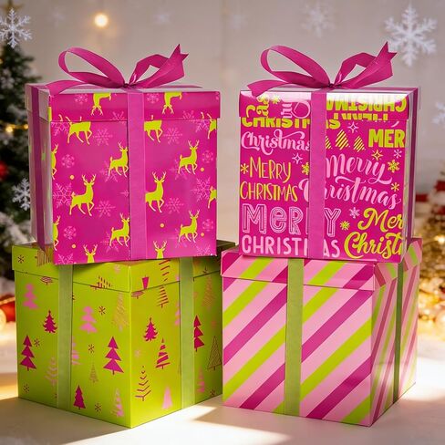 Cinrobiye 4 Pcs Christmas Gift Boxes with Lid,Ribbon and Tissue Papers,9" Black and White Christmas Winter Square Cardboard Box for Gift Wrapping Holiday Present Birthday Assorted Design (Black White) in Saudi Arabia