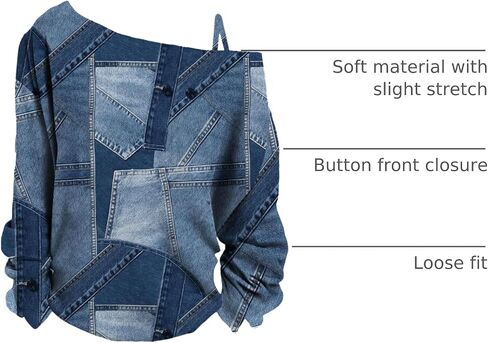 Women's Cold Off Shoulder Denim Print T Shirt Long Sleeve Loose Graphic Tee Tops in Saudi Arabia