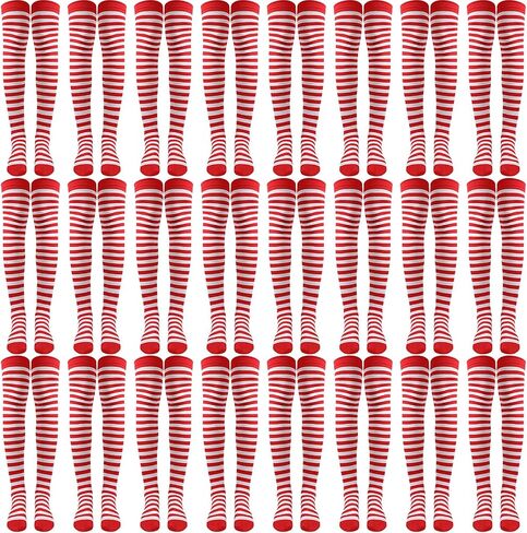 JaGely 12 Pcs Christmas Red White Striped Sock Long High Tights Thigh Socks Striped Thigh over Red White Knee Stockings for Women Girls Cosplay Party Costume in Saudi Arabia