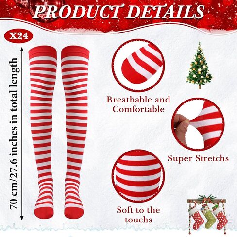 JaGely 12 Pcs Christmas Red White Striped Sock Long High Tights Thigh Socks Striped Thigh over Red White Knee Stockings for Women Girls Cosplay Party Costume in Saudi Arabia