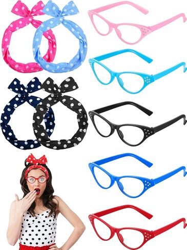Dunzy 10 Pcs 1950's Womens Costume Accessories Set Include 5 Pcs Cat Eye Glasses Eye Glasses for Cats with Rhinestones 50s Chiffon Scarf Neck Head Scarf for Retro Costume in Saudi Arabia