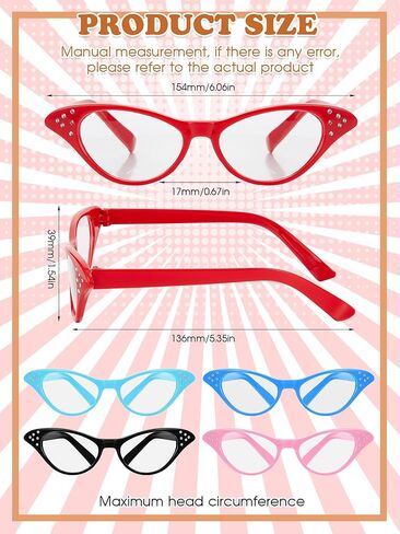 Dunzy 10 Pcs 1950's Womens Costume Accessories Set Include 5 Pcs Cat Eye Glasses Eye Glasses for Cats with Rhinestones 50s Chiffon Scarf Neck Head Scarf for Retro Costume in Saudi Arabia