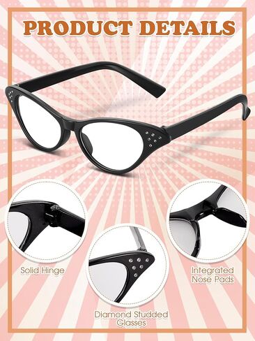 Dunzy 10 Pcs 1950's Womens Costume Accessories Set Include 5 Pcs Cat Eye Glasses Eye Glasses for Cats with Rhinestones 50s Chiffon Scarf Neck Head Scarf for Retro Costume in Saudi Arabia