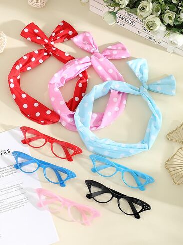 Dunzy 10 Pcs 1950's Womens Costume Accessories Set Include 5 Pcs Cat Eye Glasses Eye Glasses for Cats with Rhinestones 50s Chiffon Scarf Neck Head Scarf for Retro Costume in Saudi Arabia