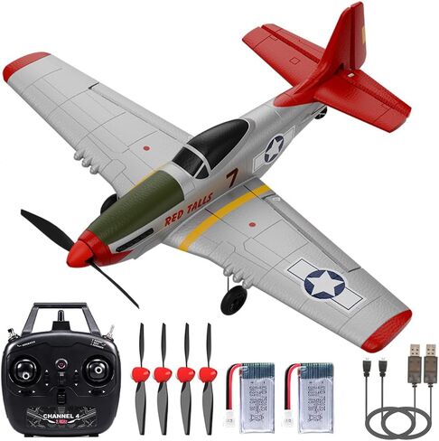 P51 RC طائرة 4 قنوات للتحكم عن بعد مع جنيح/بهلواني/3 مستويات FC/مثبت جيروسكوبي سهل التحكم للأولاد والبالغين والمبتدئين، أفضل طائرة موستانج RC طائرة شراعية مقاتلة هدية للأطفال الشباب 8-16 in Kuwait