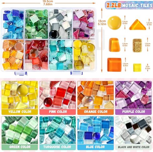 Zefy 1015g 8 بلاط فسيفساء ملون، بلاط فسيفساء للحرف اليدوية مع صندوق تخزين مقسم، بلاط زجاجي بأشكال غير منتظمة مختلطة للحرف اليدوية وديكور المنزل والمشروعات الفنية in Kuwait