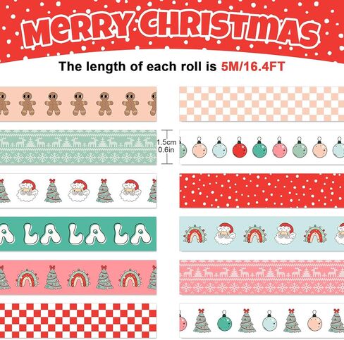 12 Rolls Christmas Boho Washi Tape Masking Tape Set Cute Santa Tree Gingerbread Man Wrapping Paper Tapes for Xmas Holiday Scrapbook Journal DIY Art Crafts in Saudi Arabia