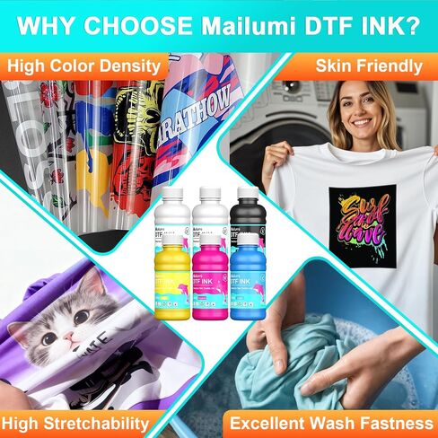 Mailumi DTF Ink Premium Pro Bundle for T-Shirts & Apparel, High Opacity White & Color Set, Universal for DTF Printers, Includes User Guide in Saudi Arabia