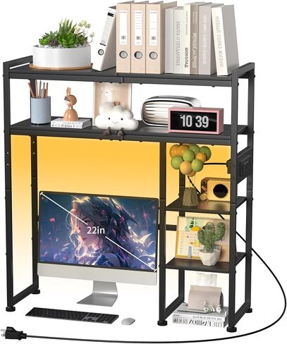 Aetheris Desktop Organizer Shelf, 30" Wooden Office Storage Rack with Outlets, Display Shelf Rack with Light Strip, 5 Tier Desktop Display Rac, Desk Shelf, Desk Hutch for Computer Monitor, Brown in Saudi Arabia