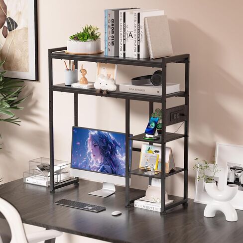 Aetheris Desktop Organizer Shelf, 30" Wooden Office Storage Rack with Outlets, Display Shelf Rack with Light Strip, 5 Tier Desktop Display Rac, Desk Shelf, Desk Hutch for Computer Monitor, Brown in Saudi Arabia