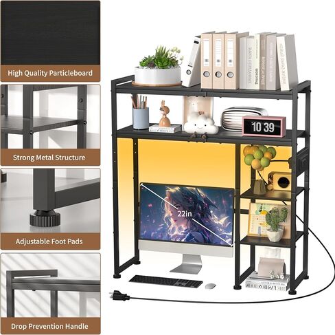 Aetheris Desktop Organizer Shelf, 30" Wooden Office Storage Rack with Outlets, Display Shelf Rack with Light Strip, 5 Tier Desktop Display Rac, Desk Shelf, Desk Hutch for Computer Monitor, Brown in Saudi Arabia