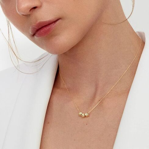 14k Solid Gold Three Ball Beads Necklace | 14k Yellow Gold Necklaces for Women | Small Beads Pendant Necklace | Dainty Round Jewelry | Gifts for Christmas, 18" in Kuwait