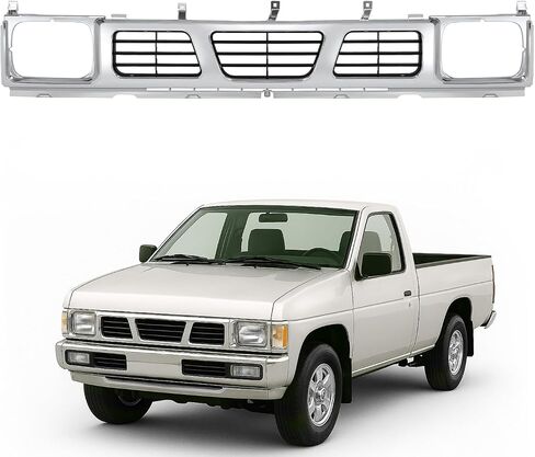 الشبكة الأمامية متوافقة مع 1994 Nissan D21 XE 1993 1994 Nissan D21 Base SE 1995-1997 Nissan Pickup Base SE XE لاستبدال 6231055G10 NI1200116 Chrome Bumper Grill Plastic (ABS) فضي in Saudi Arabia