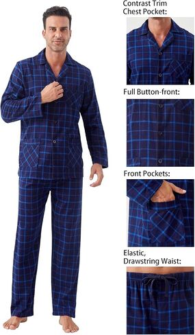 GLOBAL Men's Pajamas Sets 100% Cotton Flannel Sleepwear Long-Sleeve top & Bottom in Kuwait