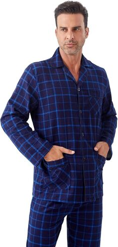 GLOBAL Men's Pajamas Sets 100% Cotton Flannel Sleepwear Long-Sleeve top & Bottom in Kuwait