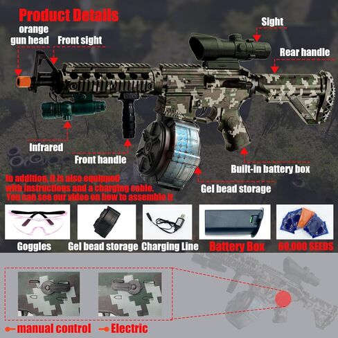 مسدس جل كبير M416 مع نظارات واقية، مع طبلة ومسدس جل يدوي وكهربائي مزدوج الوضع، لألعاب الفريق - للأعمار من 14 عامًا فما فوق (مموه) in Saudi Arabia