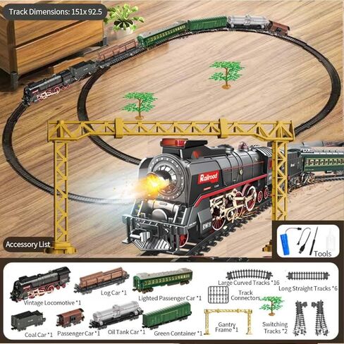 Electric RC Christmas Train Set with Remote Control, Carriage and Long Track, Steam Locomotive with Smoke, Lights & Sounds Gift for Christmas in Kuwait
